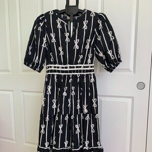 Umgee Womens Bow Tie Print Notched Contrast Velvet Trim Dress Ruffle Cotton Sz L